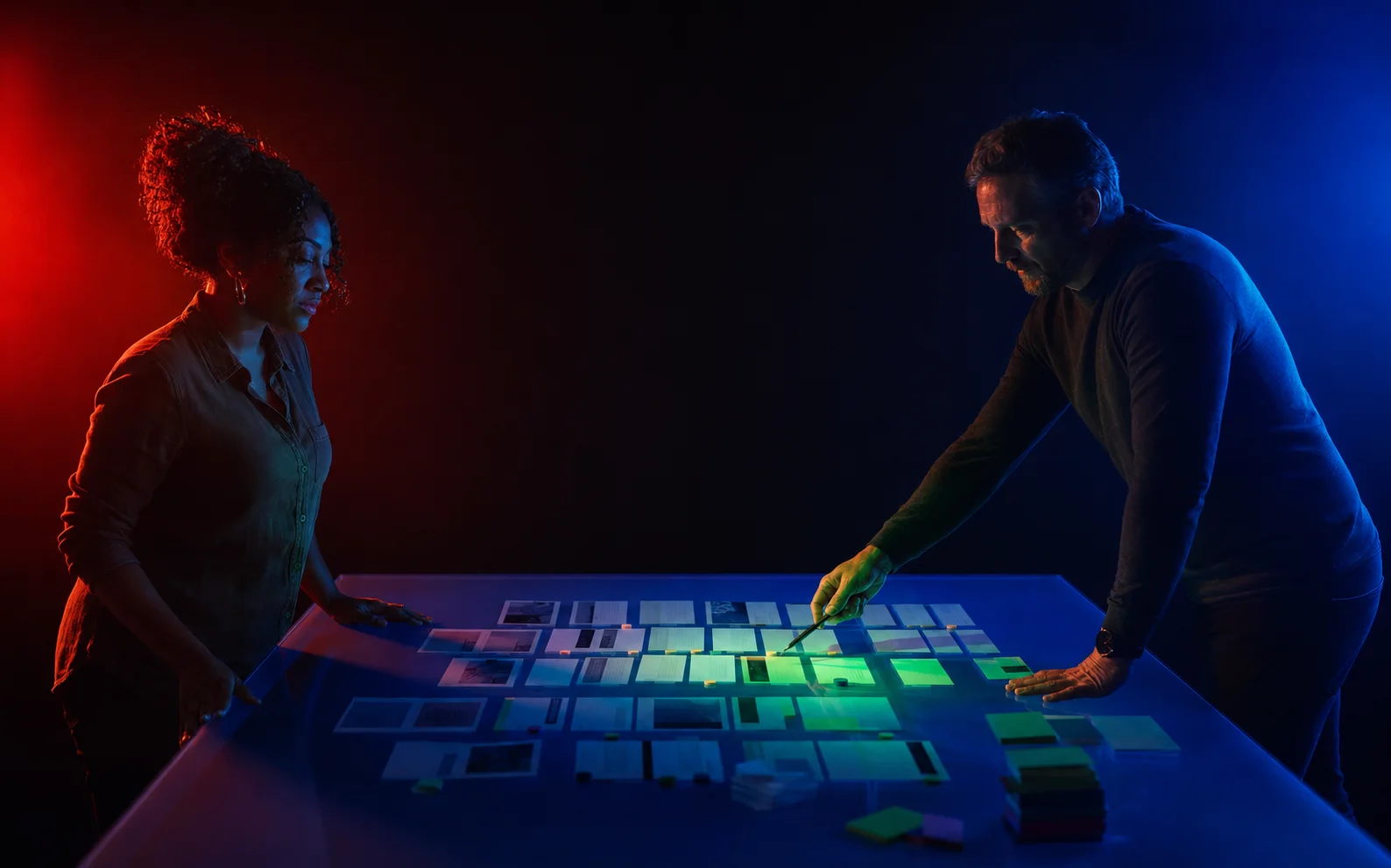 A client and project operator organizing work together at an illuminated table