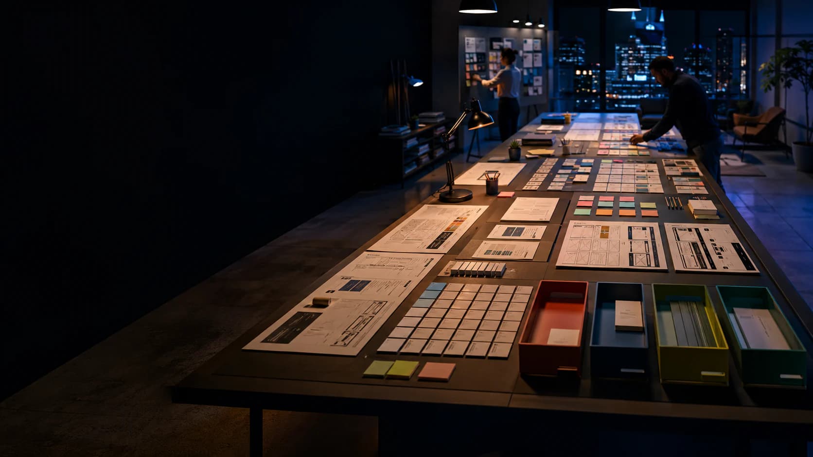 Business operators coordinating work at an illuminated planning table
